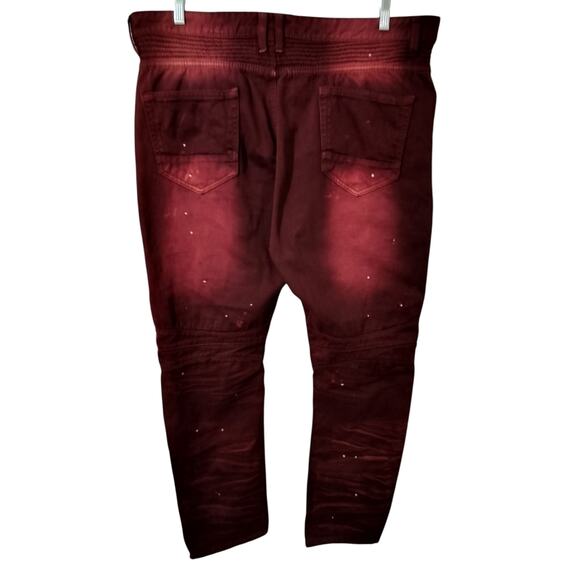 M652)Smoke Rise Burgundy Biker Distressed Splatter Zipper Tapper Jeans Sz 42/32 - Picture 6 of 9
